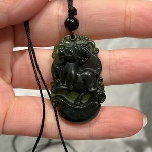Carved Jade Ram Pendant On Cord Green Stone Jewelry
